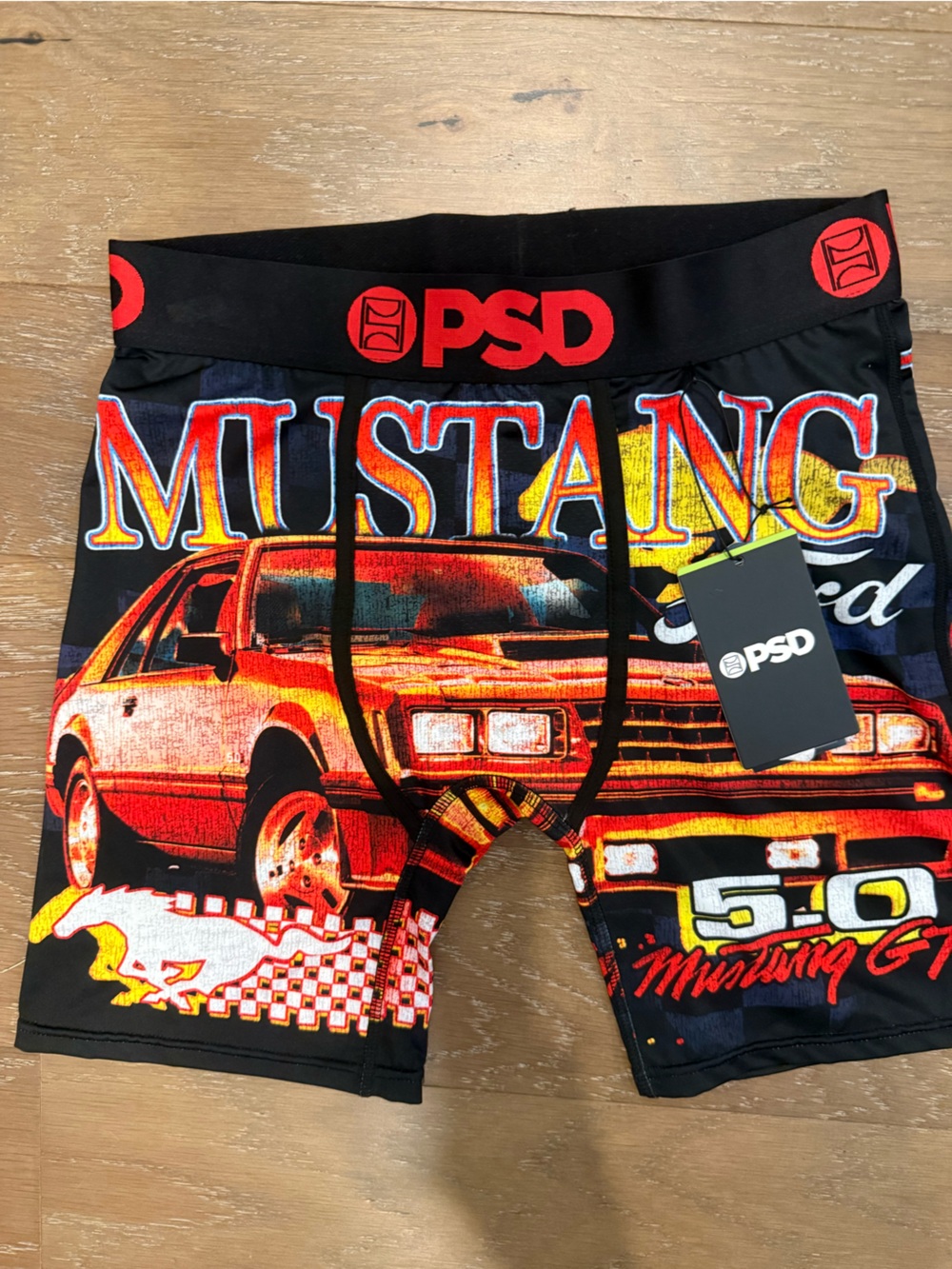 PSD Ford Mustang Black Athletic Shorts with Red and Yellow Graphic